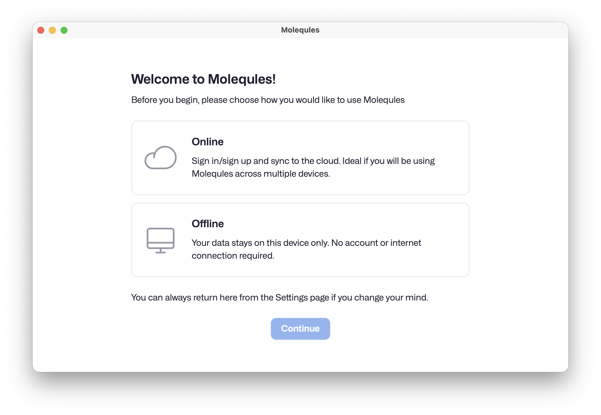 Molequles Desktop App - Choose Mode